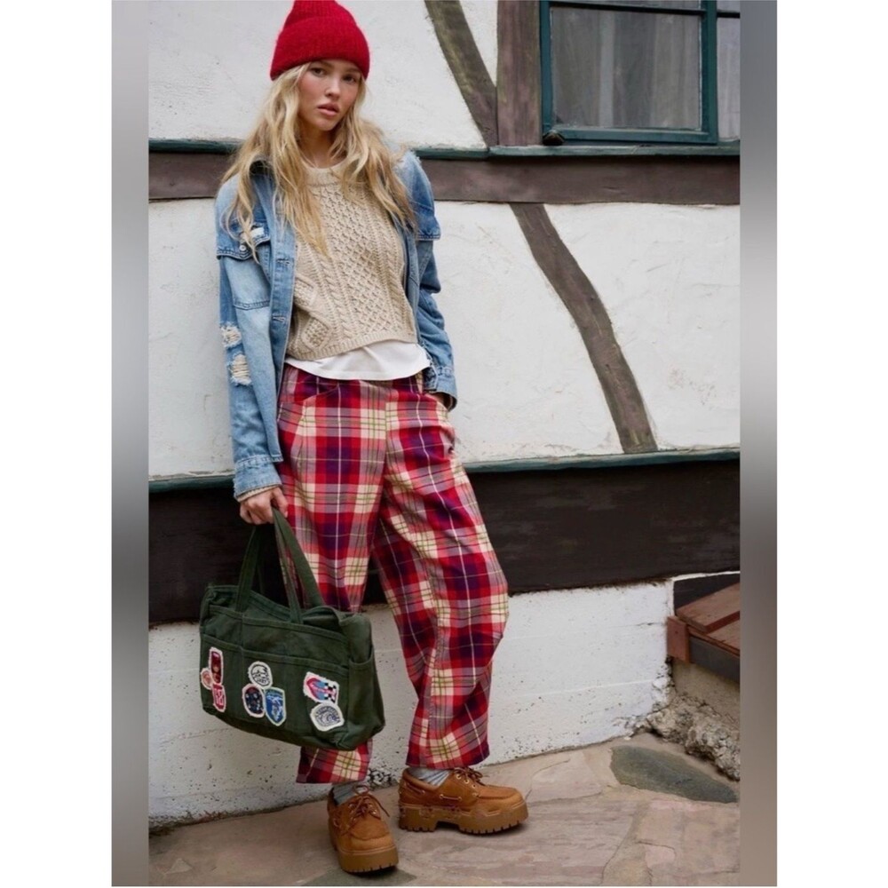 Free People Red Plaid Wide-Leg Pants